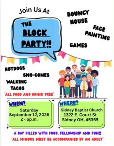 sidney, baptist, church, ohio, block, party, flyer
