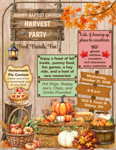 sidney, baptist, church, ohio, flyer, 2026, harvest, party