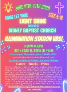 sidney, baptist, church, ohio, vacation, bible, school, vbs, flyer, 2026, illumination, station
