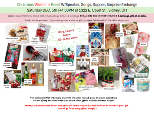 sidney, baptist, church, ohio, flyer, christmas, women's, event, speaker, laura, ramnath, singing, dinner, supper, gift, exchange, songs